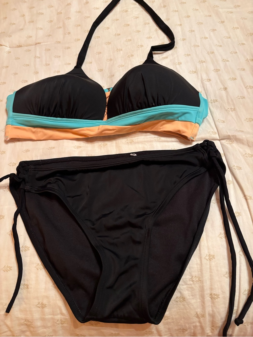 Women's Black Bikini Set with Aqua and Peach Trim